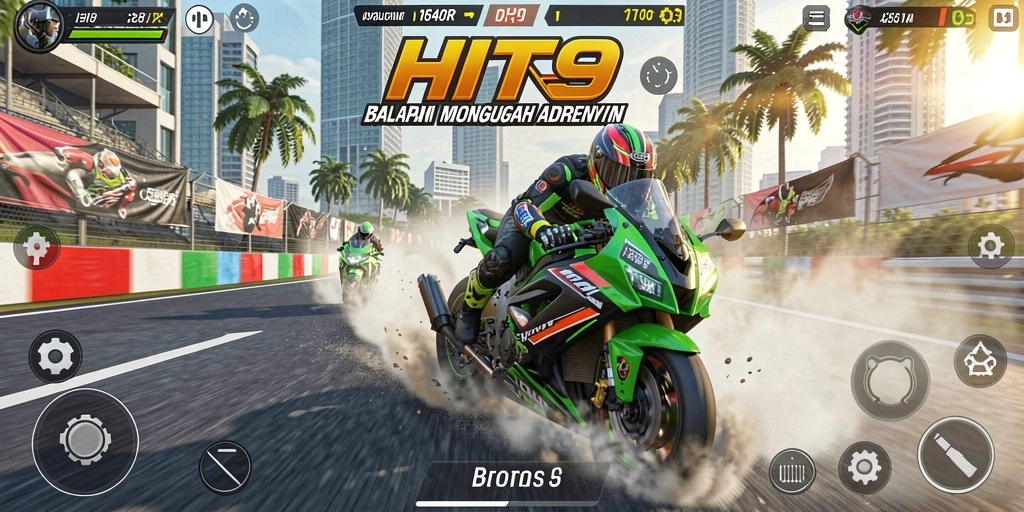 Tampilan gameplay HIT9 yang mendebarkan dalam balapan motor.