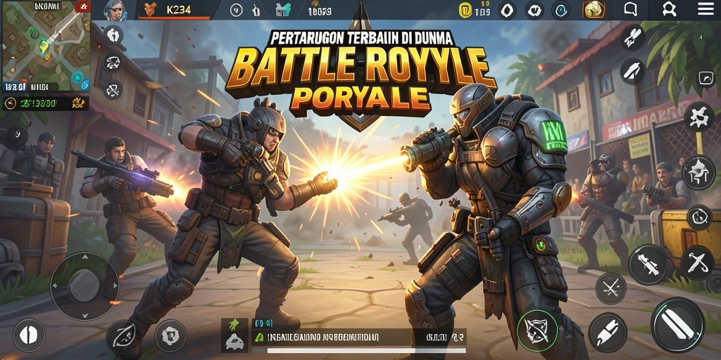 Screenshot gameplay K234 menampilkan pertempuran seru di arena Battle Royale.