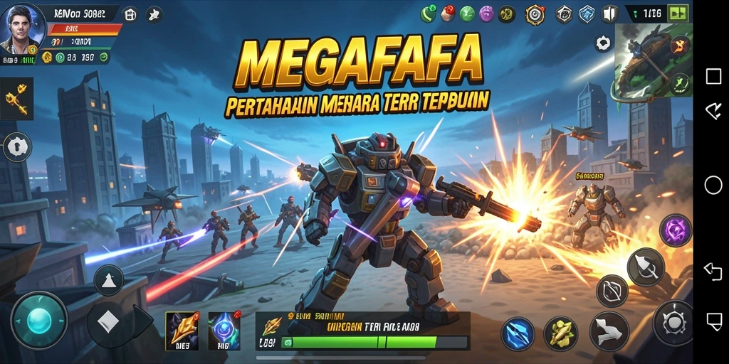 Screenshot MEGAFAFA menampilkan aksi pertempuran seru di Tower Defense.