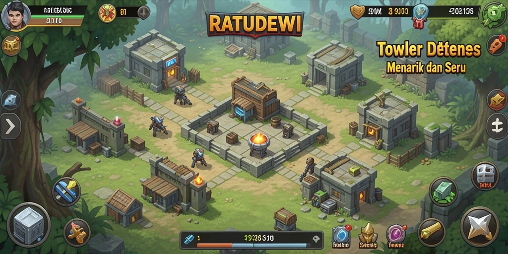Tampilan gameplay seru dalam RATUDEWI dengan berbagai menara kreatif.