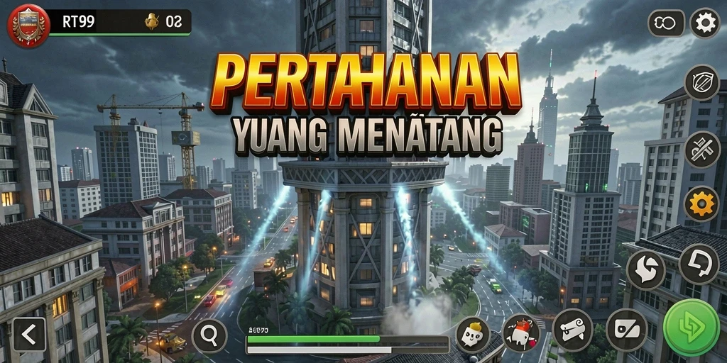 Tangkapan layar gameplay RT99 menampilkan aksi menara pertahanan yang seru.
