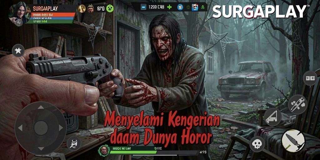Screengrab dari gameplay SURGAPLAY menampilkan suasana horor yang mencekam.